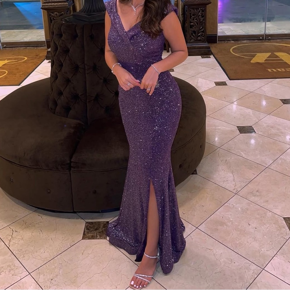 Purple Glitter Slit Gown